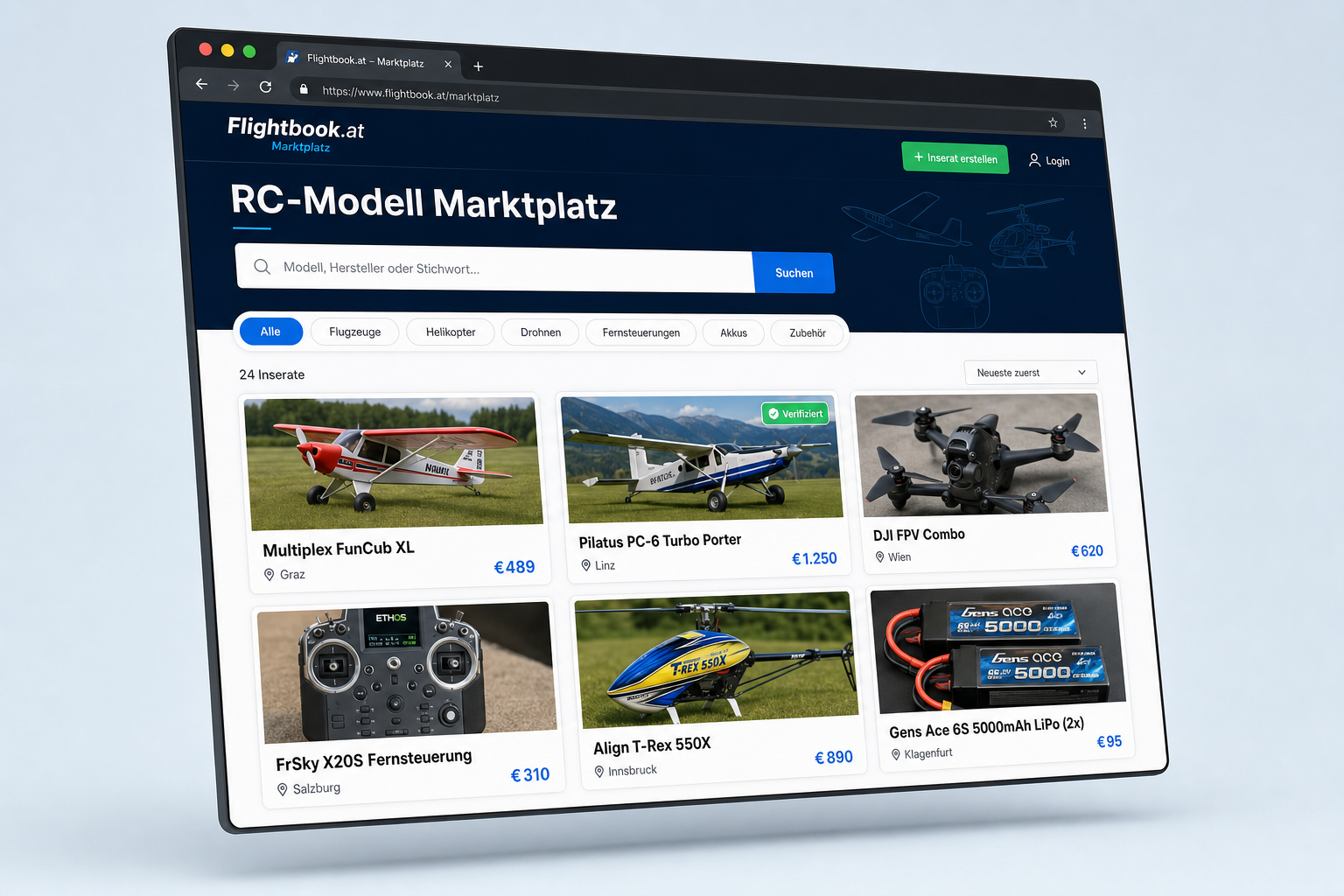 Flightbook Marktplatz mit beispielhaften RC-Inseraten